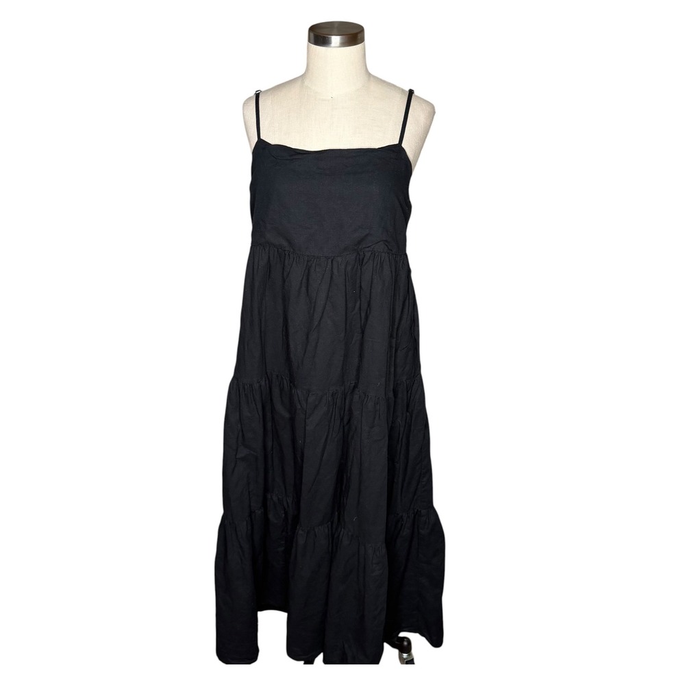 CHARLIE HOLIDAY Isabella Tiered Maxi Dress Black Linen Cotton Women's Size 6
